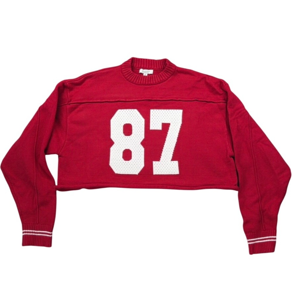Orange‎ Kiss Essentials Crop Sweater Women L Red Varsity 87 Knit Pullover Sporty